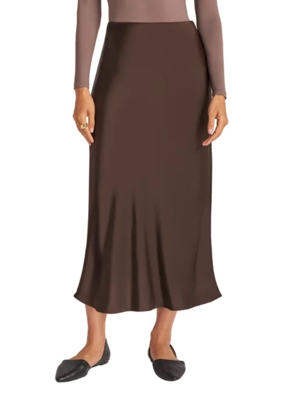NWT Matty M Women's Brown Satin Midi Skirt - Sleek Bias-Cut Silhouette